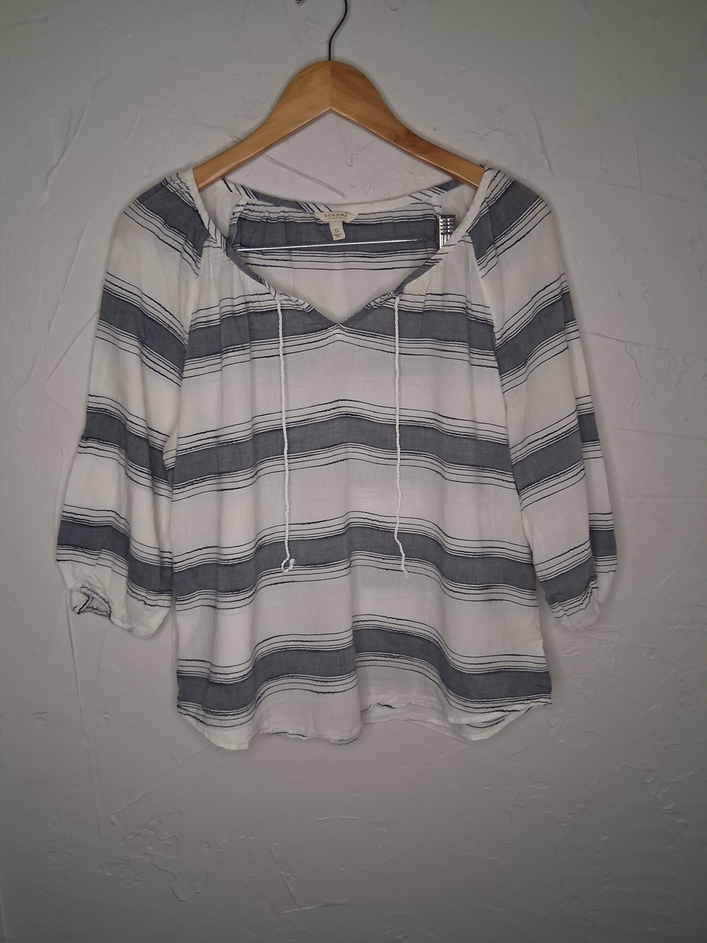 Sonoma Lifestyle XL White Blue Striped Peasant Blouse 100% Cotton 3/4 Sleeve Boh - Picture 2 of 8